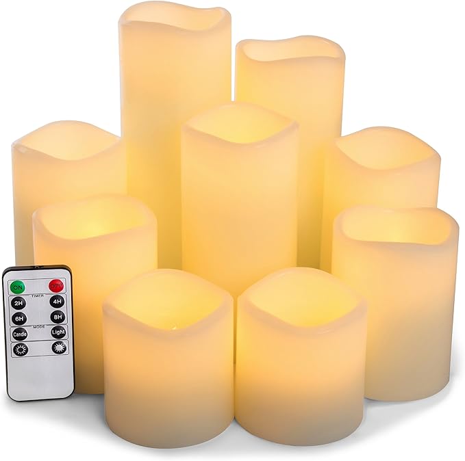 Pandaing Large Set of 9 Flameless Candles Battery Operated LED Pillar