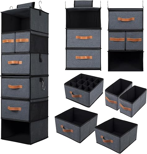 BinWhiz Organizador de armario colgante de 12.6 x 12.6 x 44.1 pulgadas, estantes organizadores de ropa de 6 niveles con cajones y ganchos para