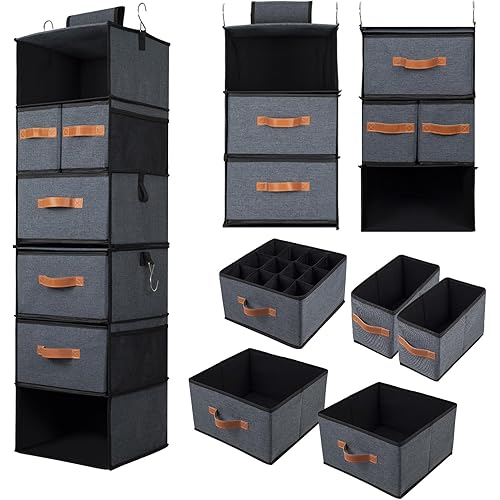 BinWhiz 12.6x12.6x44.1 Inch Hanging Closet Organizer and Storage Shelves, 6-Tier Shelf Clothes Organizers Bins with Drawers and Hooks for Closet Wardrobe Organization and Storage - Gray
