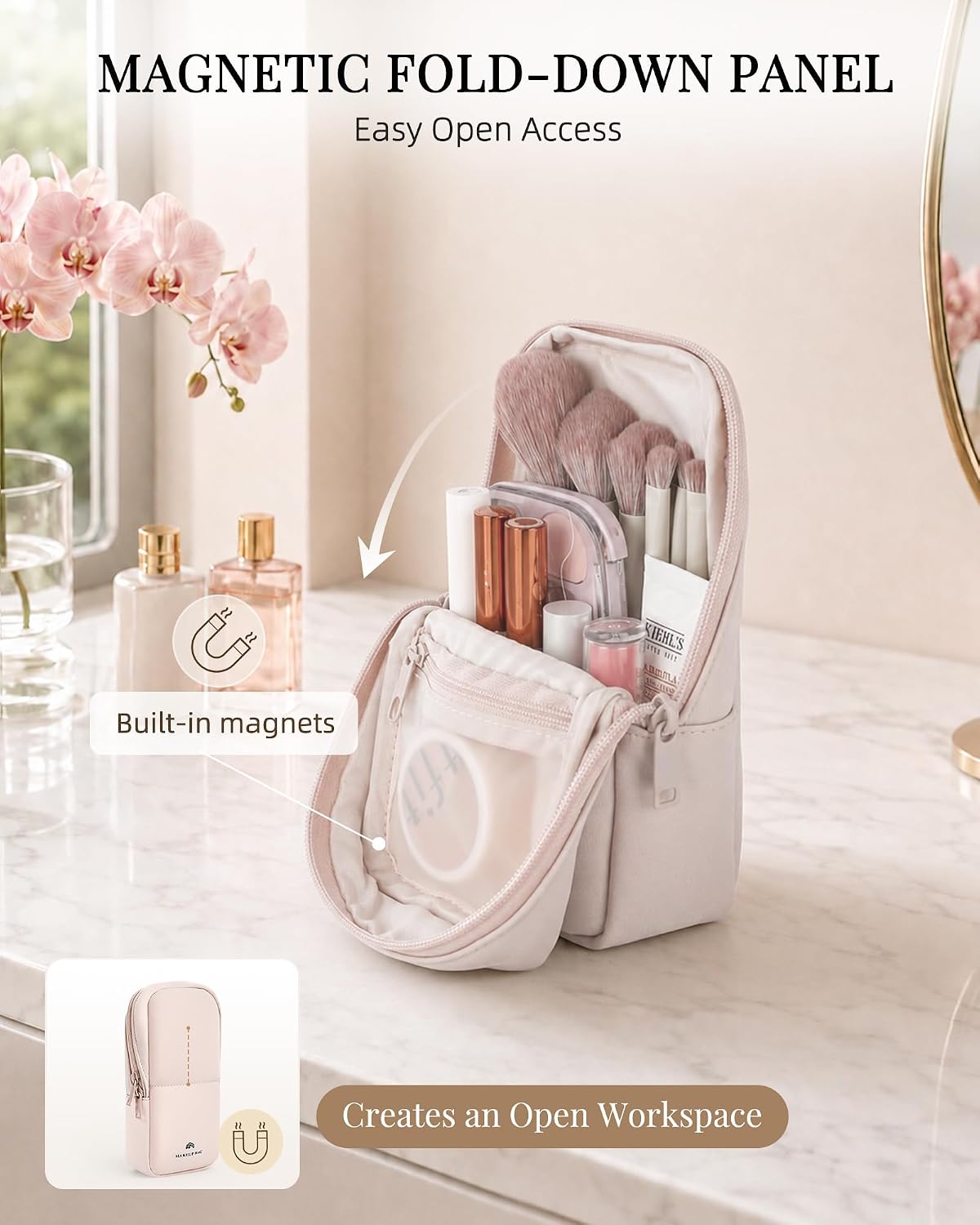 Makeup Brush Bag, Small Standing Makeup Bag for Travel, Dusty Rose image 4