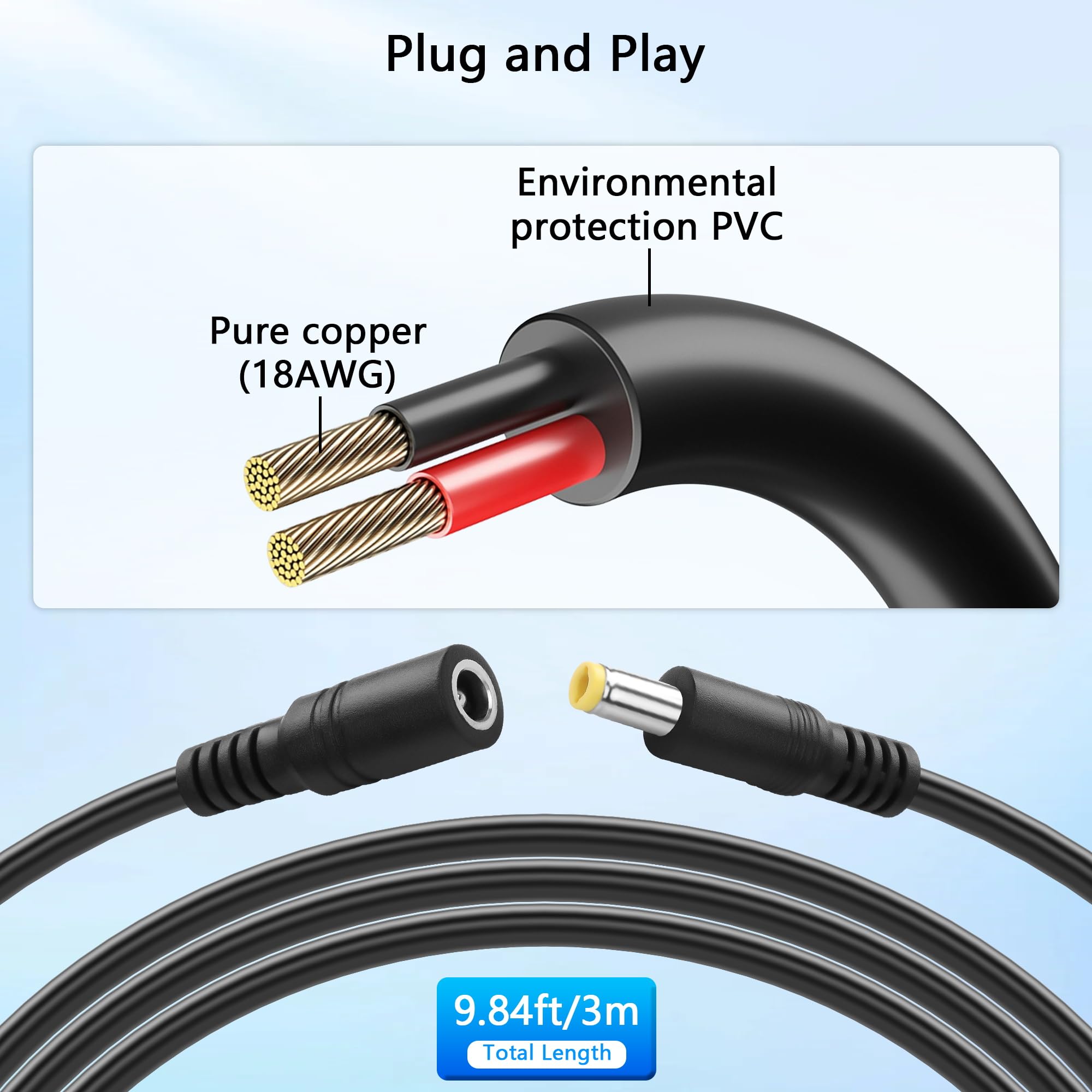 GINTOOYUN 3M/9.84FT DC5525 kabel zasilający 18AWG DC 5.5mm x 2.5mm żeński do męskiego przedłużacza zasilania do kamer bezpieczeństwa, pasków świetlnych LED, routerów itp