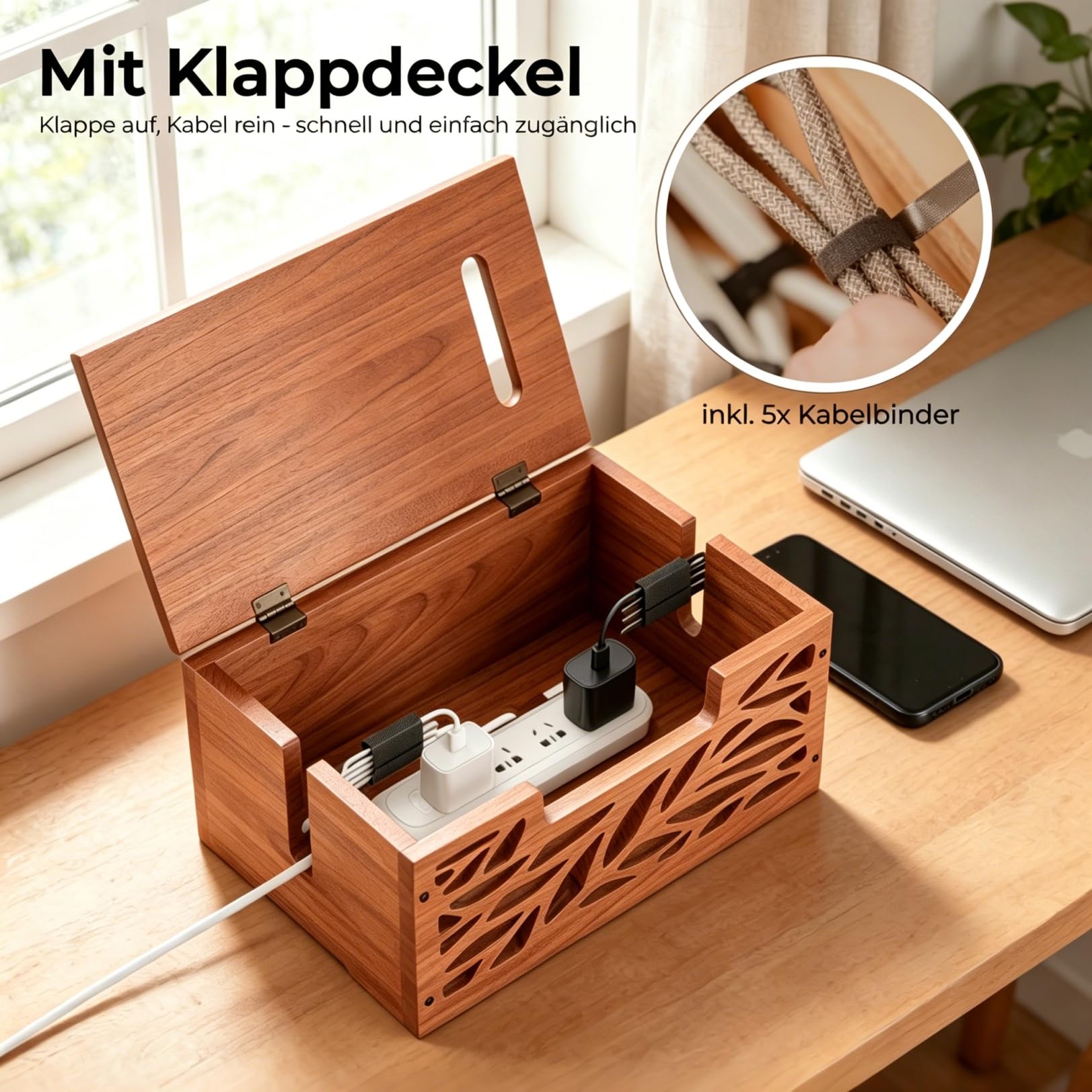 Große Kabelbox Holz mit Deckel zum Verstecken von Kabeln für Zuhause & Büro | Kabelmanagement box gegen Kabelsalat, HxBxT: 20,5 x 34,4 x 20 cm, Steckdosenbox mit Lüftung für Steckdosenleisten Verstecken