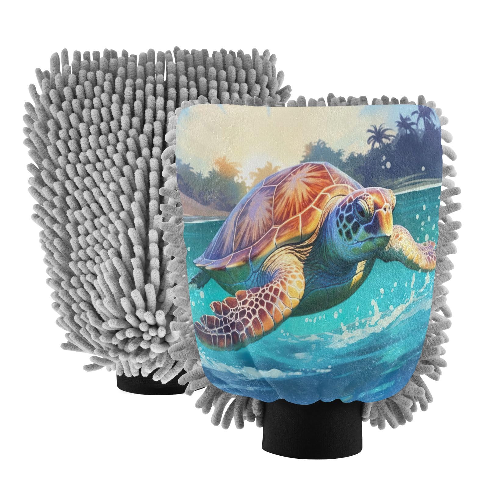 Flradish 2 Pack Beautiful Turtle Car Wash Mitt Chenille Microfiber Lint-Free Scratch Free Ultra-Soft Absorbent Car Wash Mitt 10.2x7.09 Inch