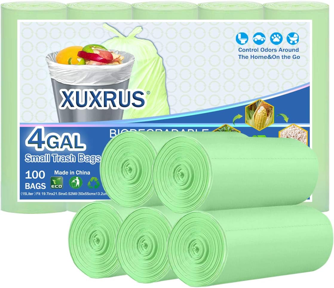 XUXRUS Small Bin Liners 15 Liter Bathroom Bin Bags 100 Counts Trash Bags 4 Gallon Garbage Bags Wastebasket Liner for Kitchen Bedroom Office,Green Fit 15l 16l 17l 18ltr