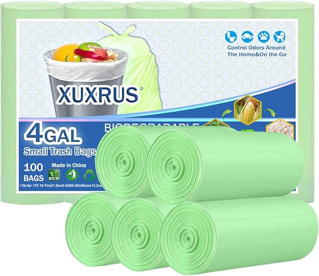 XUXRUS Small Bin Liners 15 Liter,100 Counts Trash Bags 4 Gallon Garbage Bags Bathroom Wastebasket Trash Liner for Kitchen Bedroom Office,Green,Fit15l,16L,17,18ltr