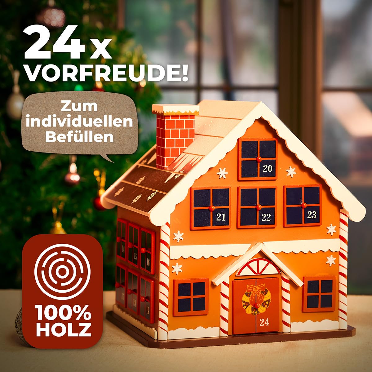 SPIELWERK® Adventskalender Winterhäuschen zum Befüllen 24 Türchen wiederverwendbar Bunt Bemalt Weihnachten Kinder DIY weihnachtliche Holz Dekoration