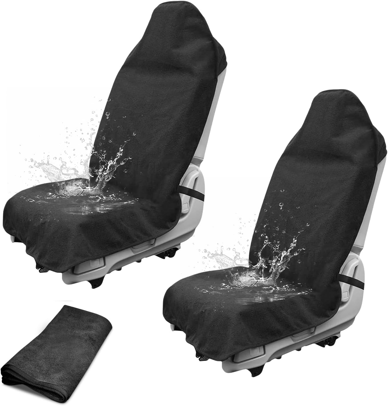 2 Pack Waterproof Sweating Car Seat Cover for Post Gym Workout, Running, Swimming, Beach and Hiking, Universal Fit Non-Slip Towel Bucket Seat Protector for Cars SUV Trucks, Machine Washable (Black)
