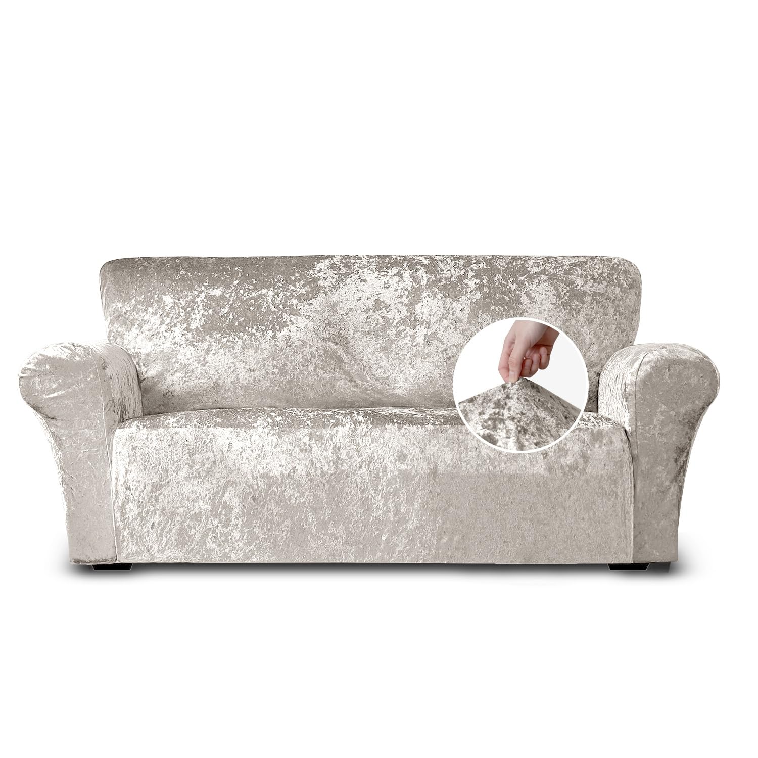 Home Republic Crushed Velvet Stretch Sofa Cover - Luxury Soft Polyester Sofa Cover with Straps for Snug Fit - Stylish Removable Stretch Cover Ideal for Living Room and Pets (Natural, 175x240)