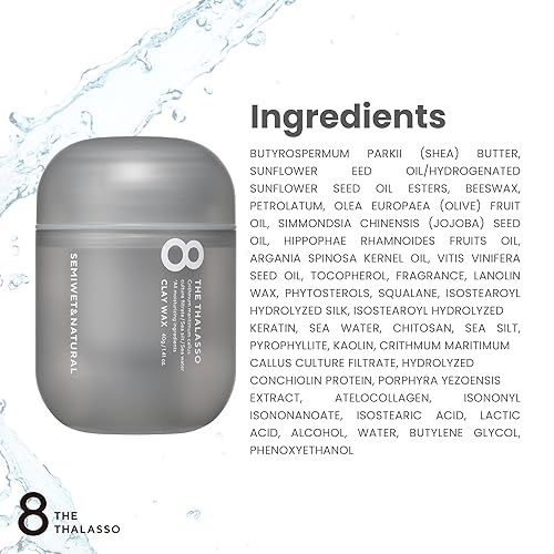 Miniatura 7 de 8 THE THALASSO - Cera de arcilla hidratante para el cabello para acabado semimate, cera para el cabello no pegajosa de Japón con aceites naturales y