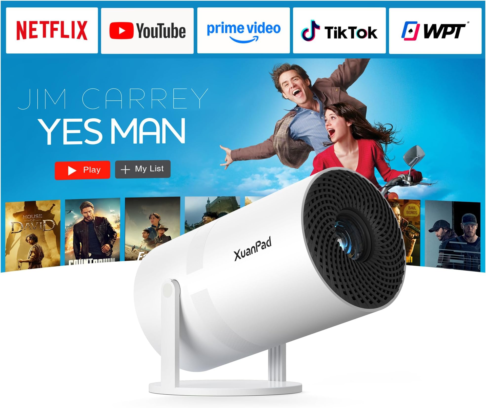 [Officially-Licensed App & Electric Focus] Projector with WiFi and Bluetooth, XuanPad Full HD 1080P Portable Projector, 210° Rotatable Stand, Auto Keystone, Dust Removal and Heat Dissipation Design