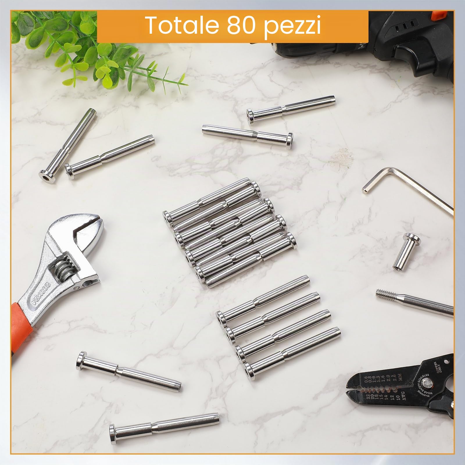 Blulu Kit di 80 cavi invisibili, in acciaio inox T316, ricevitore invisibile da 3/16" e estremità a vite prigioniera, tenditore da 0,3 cm per pali in legno/metallo, hardware per ringhiere