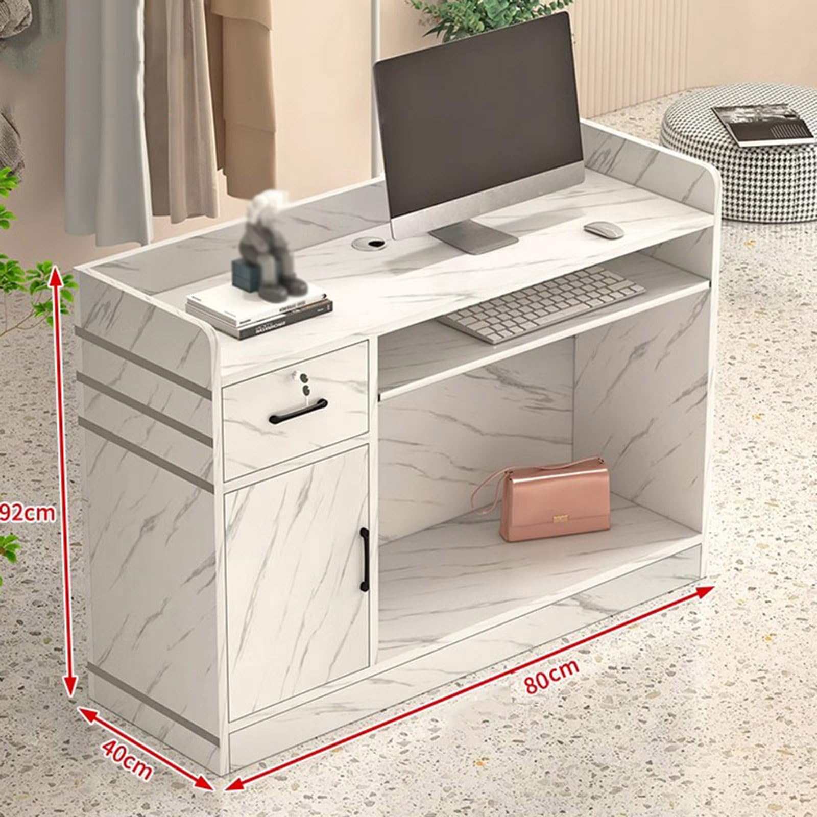 Escritorio de recepción con cerradura con armario y bandeja para teclado, moderno mostrador de tienda y piel de oficina, 80 x 40 x 92 cm (negro) - Perfecto para professas