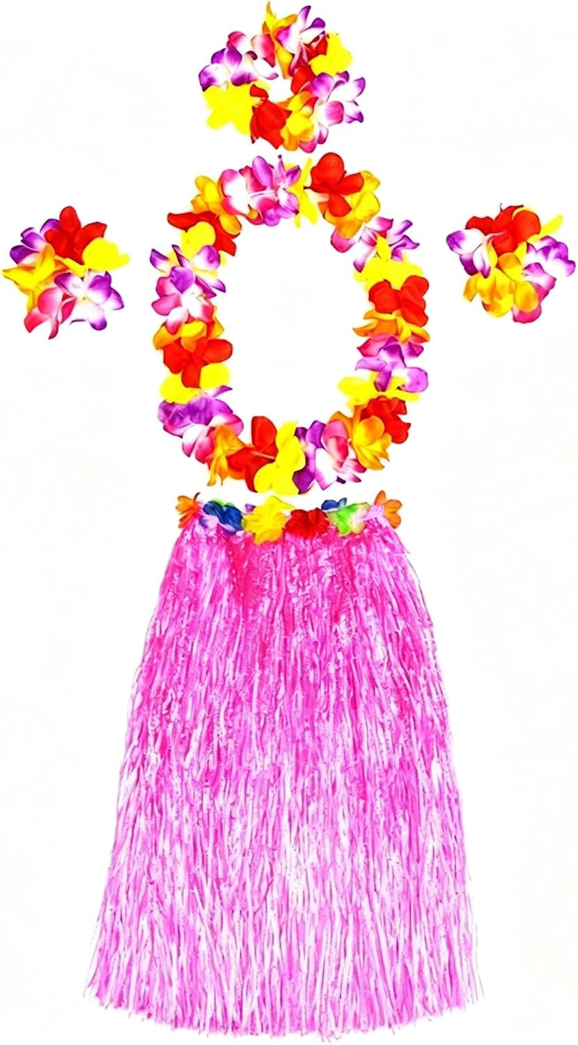 80cm of Hawaiian Hula Grass Skirt Set with Flower Necklace, Headband and Wristbands, for Beach Dance and Outdoor Festival