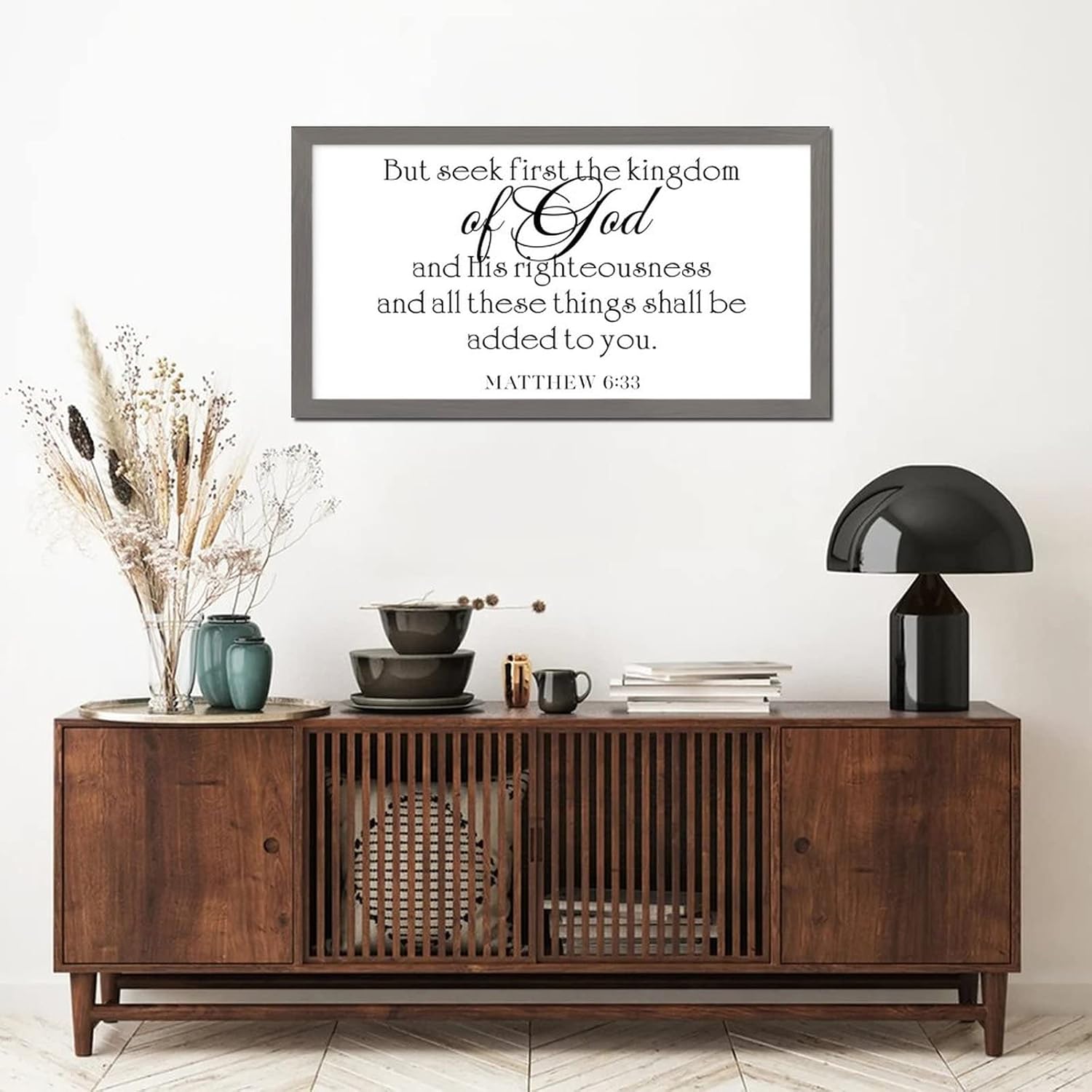 12x22in Farmhouse Wood Sign with Motivational Bible Verse but Seek Ye First the Kingdom of God and His Righteousness and All These Things Religious Gray Frame Wooden Plaque for Nursery Room Farmhouse