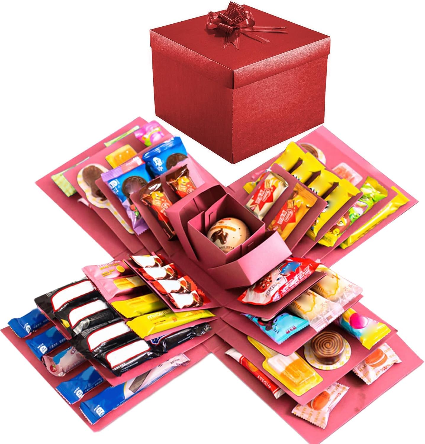 Hemoravoma DIY Explosion Gift Box, 5-Layer Snack Explosion Box Kit, Creative Surprise Gift with Adhesive Tapes & Ribbon for Birthday, Anniversary, Valentine's Day (Red)