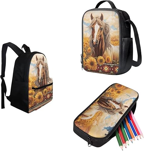 Vista 6 de doginthehole 3 piezas de mochilas escolares para niños, conjunto de mochila de viaje casual, Girasol de caballo azteca, Viajes