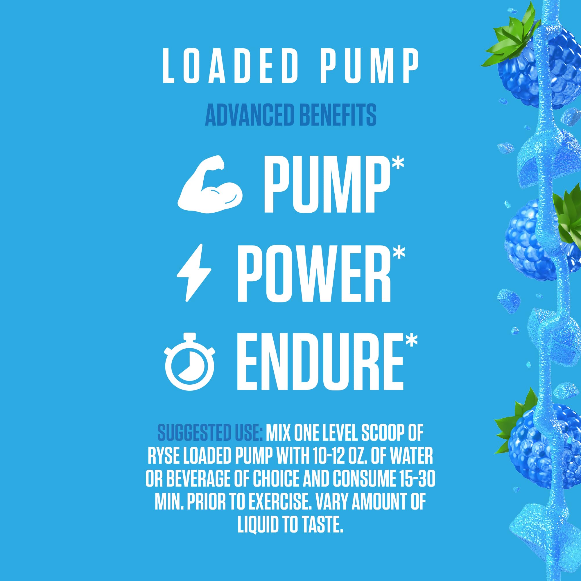 Ryse Loaded Pump Pre Workout Powder - Blue Razz Slush - No Caffeine Stimulant Free Formula for Pump, Power & Endurance - L-Citrulline, PeptiPump, Betaine Anhydrous, Taurine & AstraGin - 25 Servings — Amazon image 4