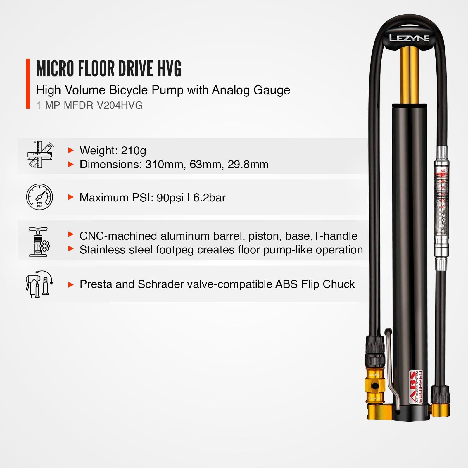 LEZYNE Gonfleur à Main Micro Floor Drive HVG 90PSI