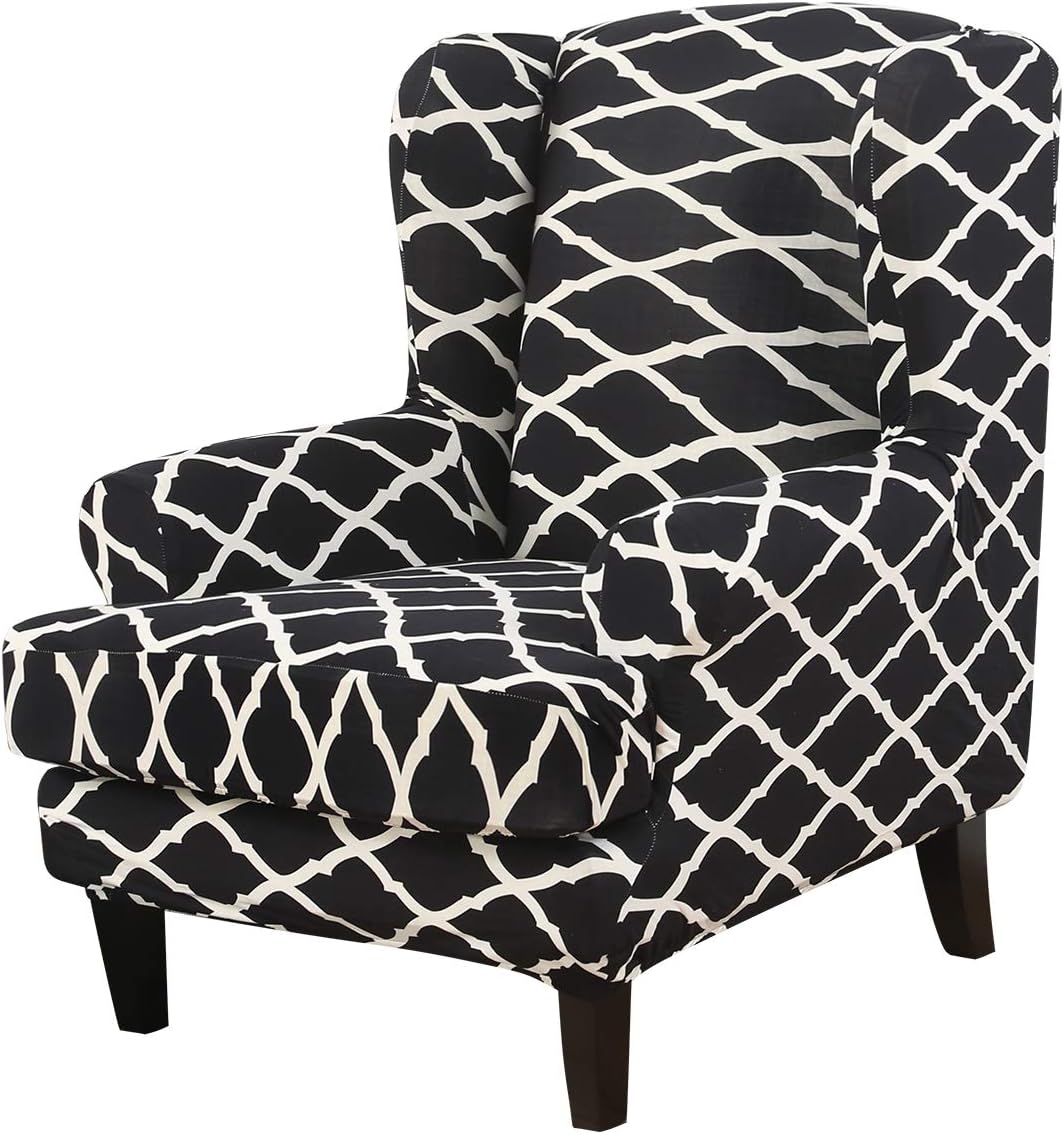 MIFXIN Wingback Chair Slipcovers 2-Piece Spandex Stretch Wingback Chair Covers with Cushion Cover Soft Washable Universal Armchair Furniture Protector for Living Room (White-Black)