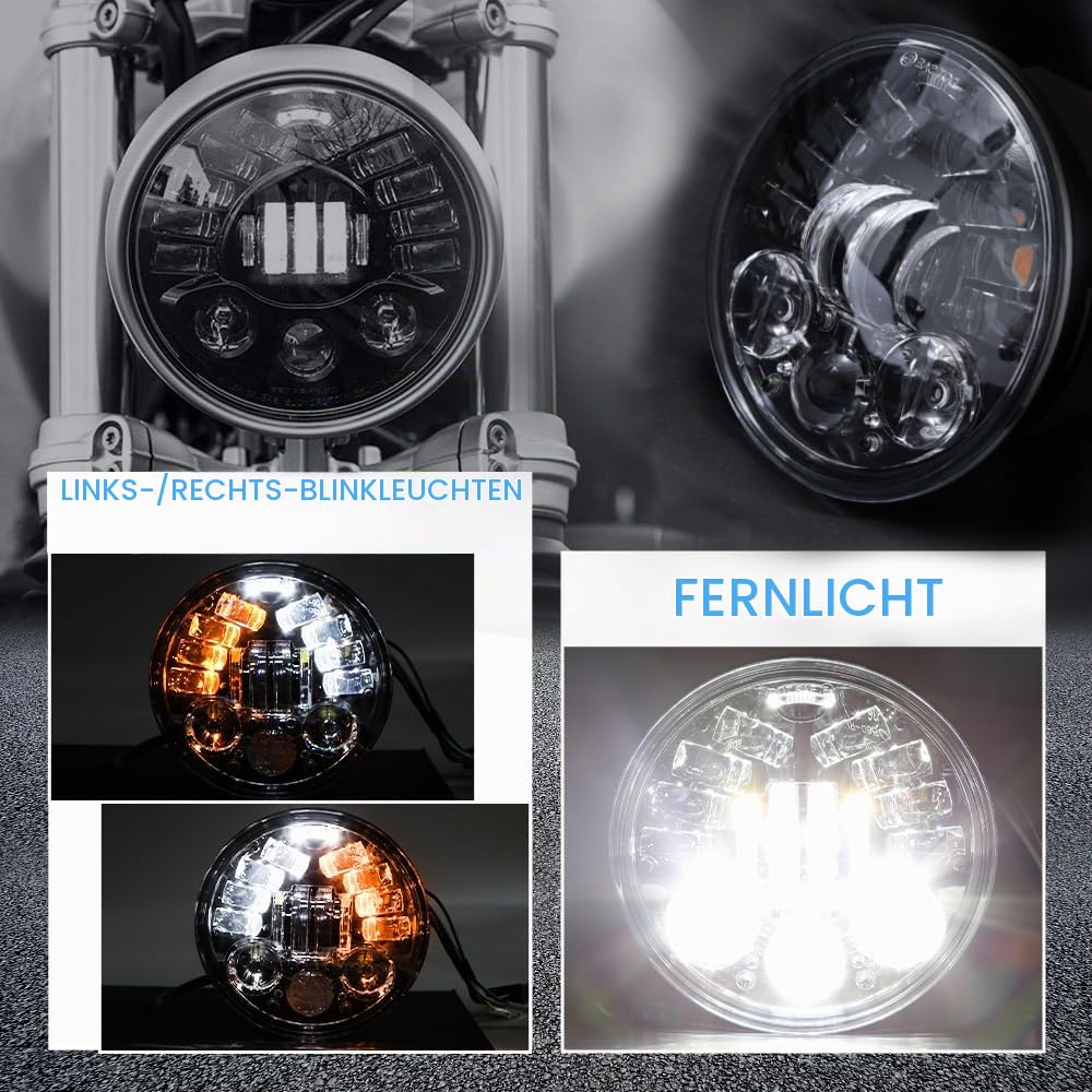 DREAMIZER 5,75 Zoll LED Scheinwerfer E-geprüft mit Blinker Tagfahrlicht Kompatibel mit Harley Dyna Softail Sportster Nightster 48 Iron 883 1200 Wide Glide Low Rider Night Rod Indian Scout Triumph