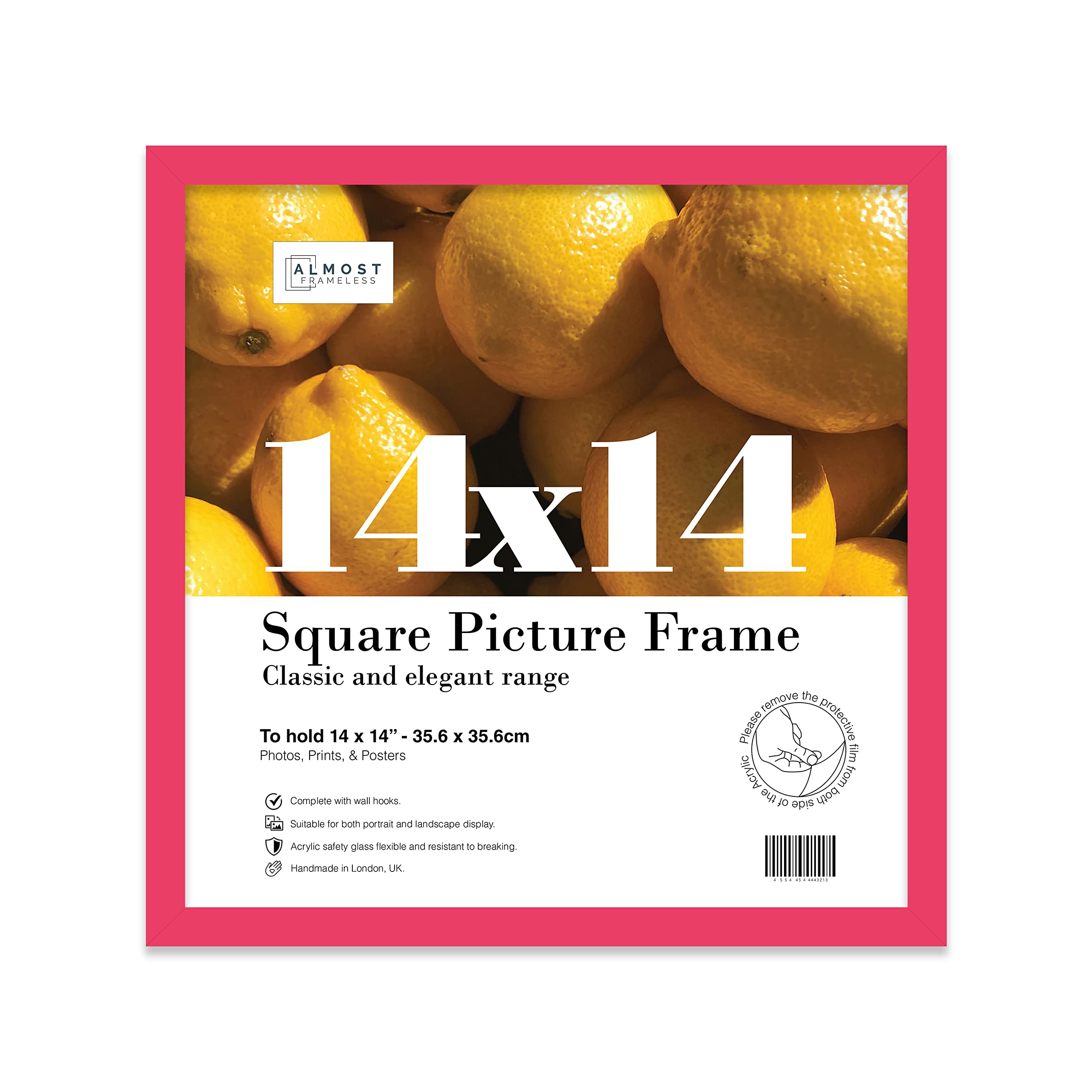 Almost Frameless 14x14 Bright Pink Picture Frame 14"x14"(35.6x35.6cm) Poster, Photo, Artwork, or Print. Thin Edge Slim Frame Portrait and Landscape Display with Wall Hooks