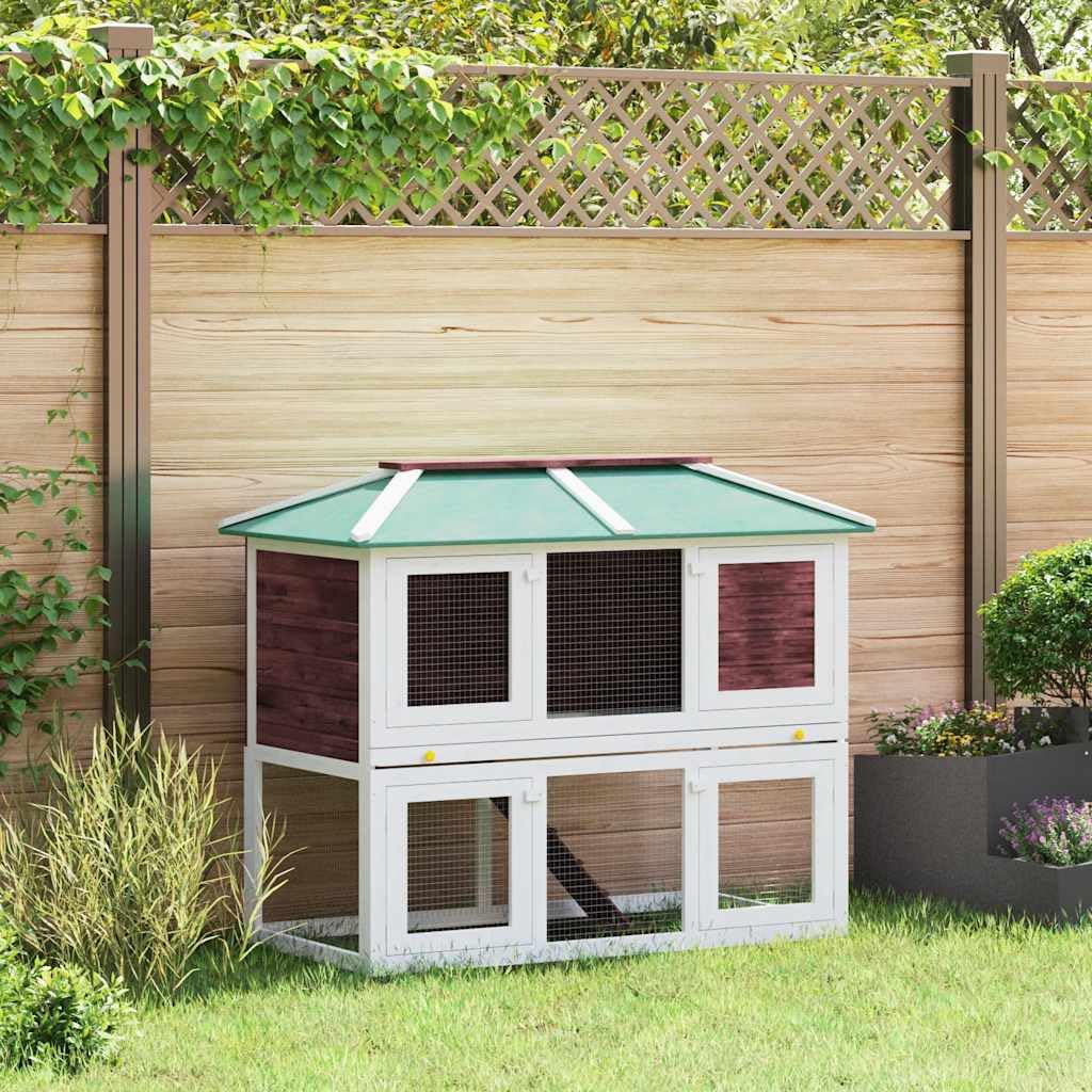 Kaninchenstall 2 Etagen Holz Hasenstall Kleintierstall für draußen mit Rampe und ausziehbarer Wanne Kleintierkäfig für Zwergkaninchen Braun Weiß 130x68x105 cm