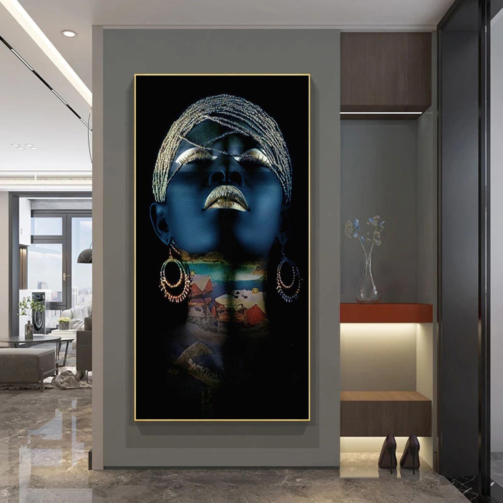 Peinture africaine sur toile pour habiller un grand mur vide tableau femme noire 80x160cm - 6