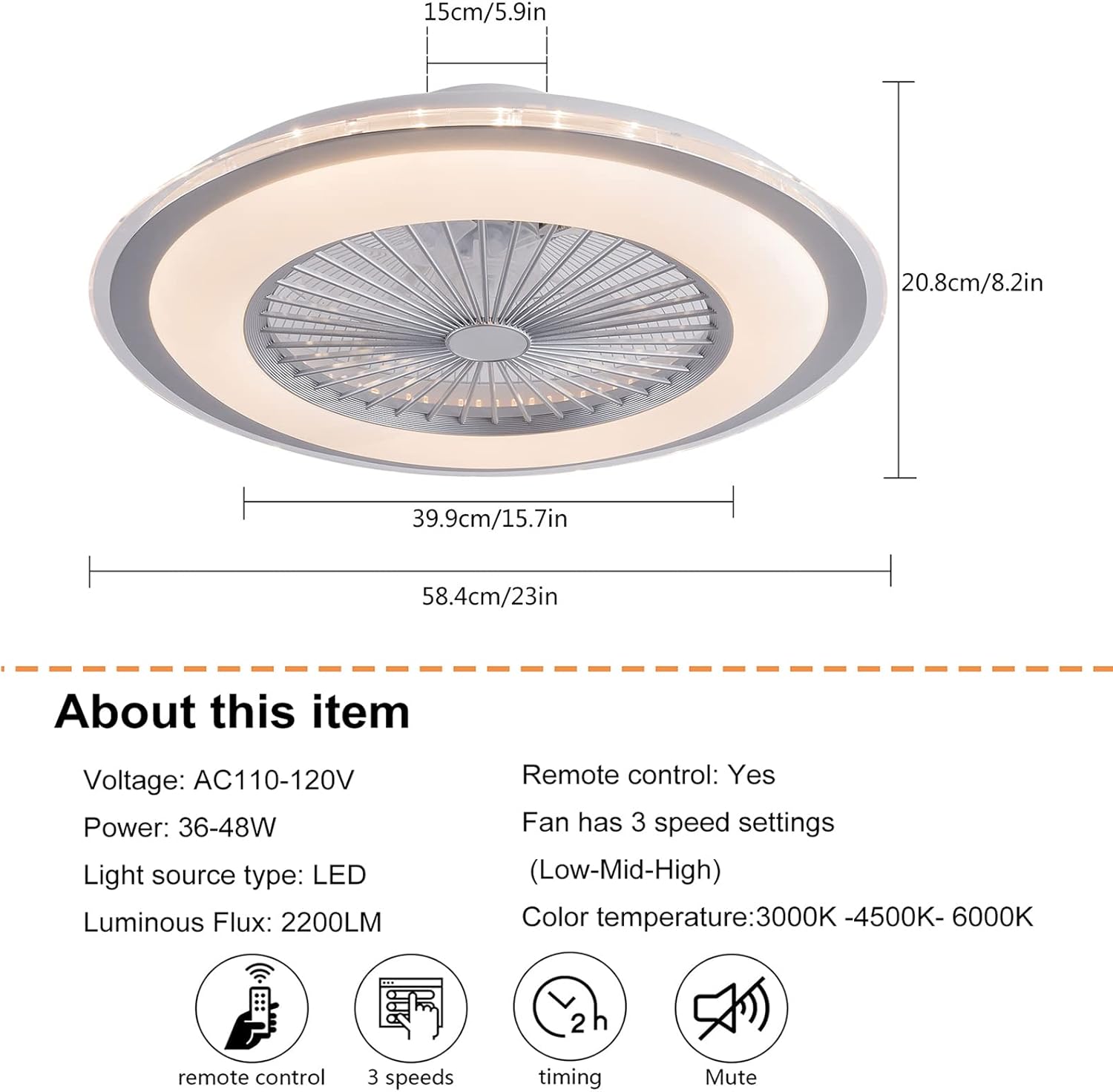 Diagram showing the dimensions of the Gdrasuya10 ceiling fan: 23 inches in diameter and 8.2 inches in height.