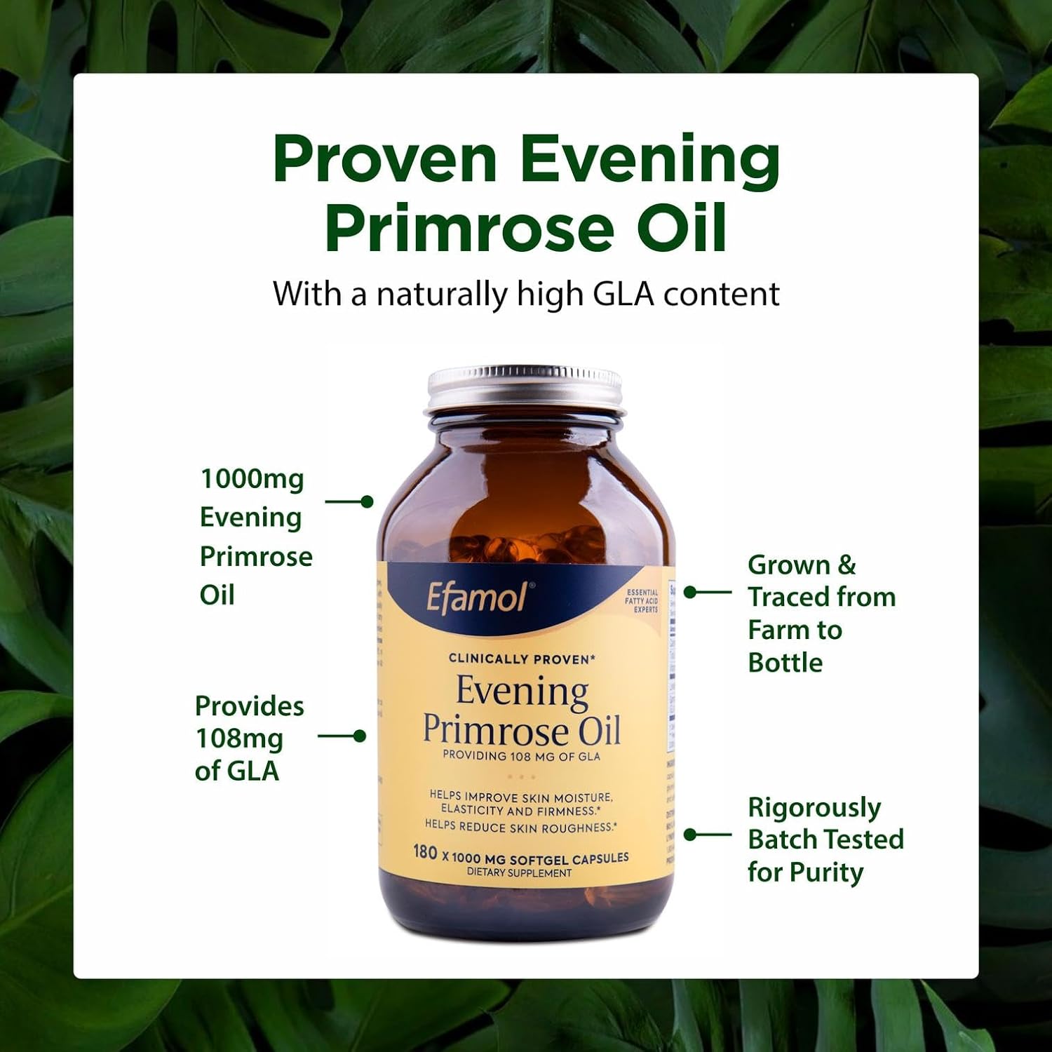 Efamol Pure Evening Primrose Oil - Natural Skin Supplement - Aids with Skin Firmness, Hydration, Wrinkles & Smoothness - with Omega-6 GLA - 180 Softgels