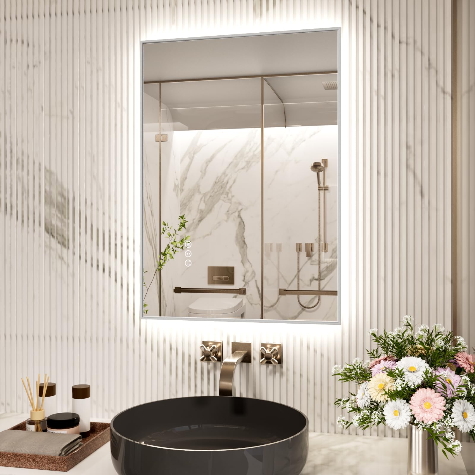 Snowdool LED Bathroom Mirror with Silver Metal Frame, 50 x 70 cm Illuminated Cosmetic Mirror for Wall Mounting, Rectangular Illuminated Mirror with 3-Color Dimming, Anti-Fog, IP44 — image 1