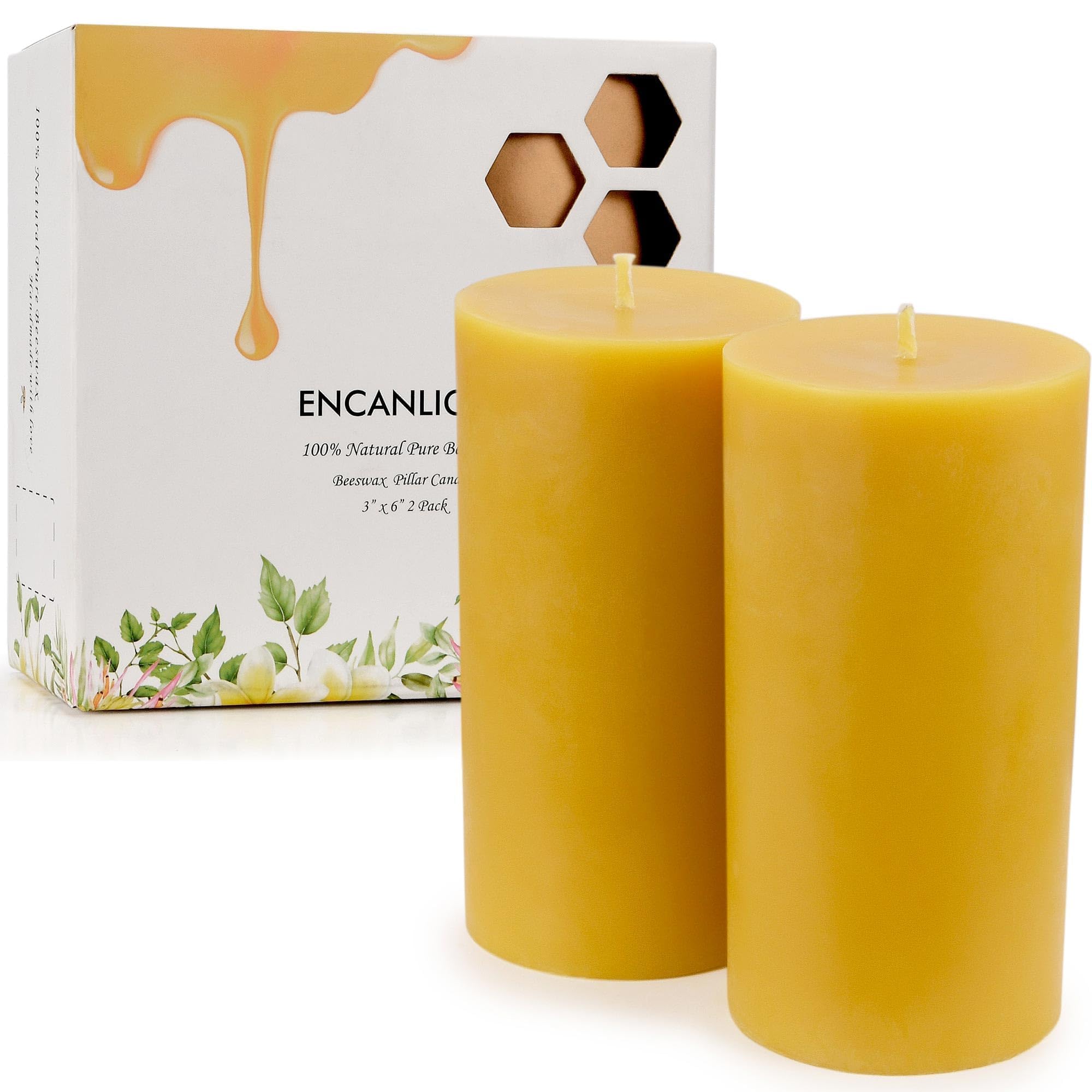3X6 Inch Natural Pure Beewaxs Pillar Candles,Bee swax Candle 2 Pack Long Burning 20 Hours,Uncsented Dripless Smokless for Home Party Yoga