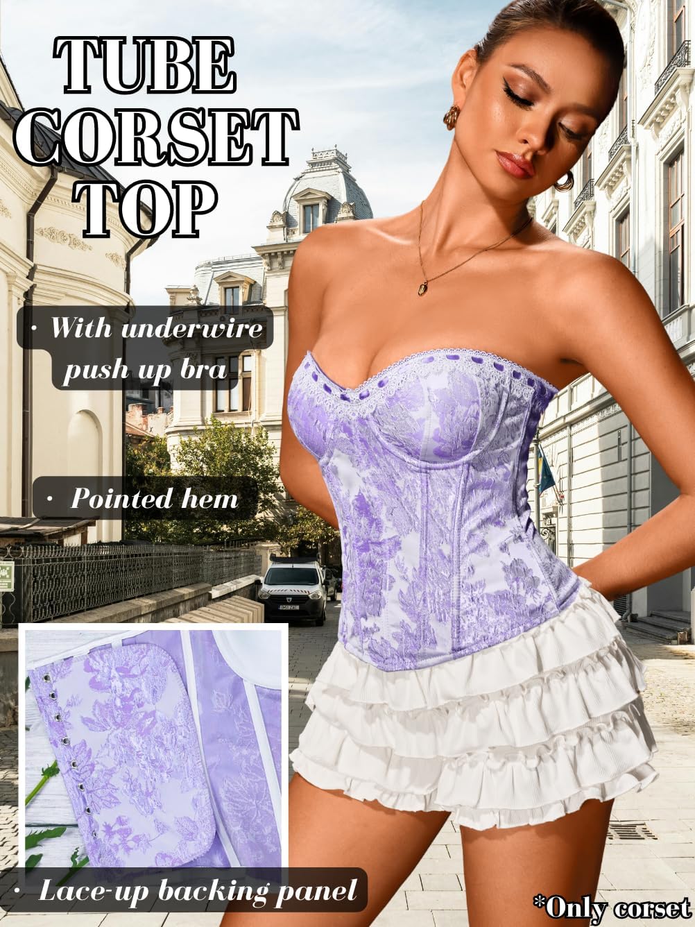 ChiaoLezhee Jacquard Floral Lace Trim Corset, Embroidery Padded Underwire, Lace-up Bustier Strapless Top for Women S-3XL