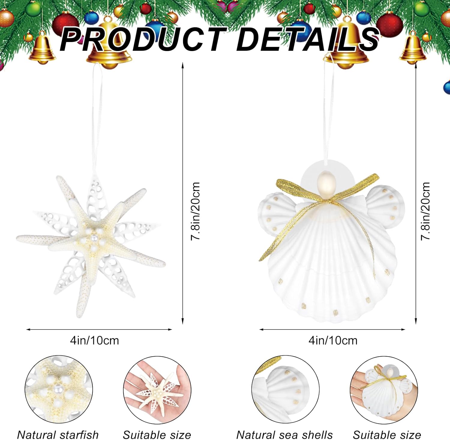 JQAQJU Coastal Christmas Seashell Starfish Ornaments 4PCS Handmade Natural Sea Shells & Starfish Crafts Christmas Tree Hanging Ornaments, for Xmas Coastal & Beachy Theme Angel & Snowflake Decor - Image 4