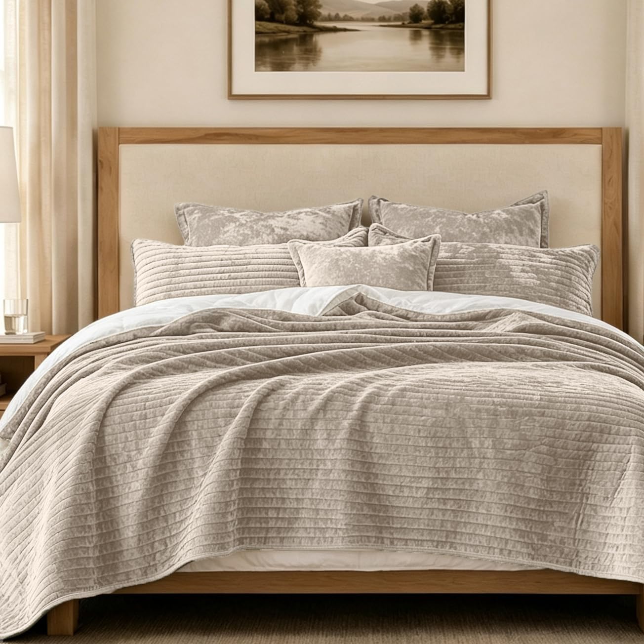 Luxury Velvet Oversized King 120x128 in Quilt Set 3 Piece Quilted Bedspread with 2Pillow Shams(20x36) Ultra Soft Coverlet All Season Bedding for Farmhouse Modern Bedroom Sofa,Beige