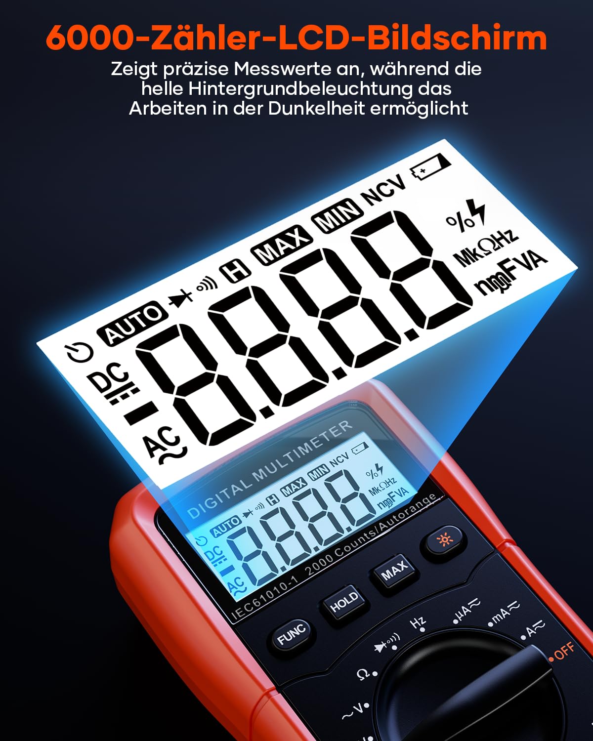 Crenova MS8233D, Multimetro digitale, per il range dell’auto AC, tester di tensione, misurazione della tensione, corrente, resistenza, tester portatile, con retroilluminazione