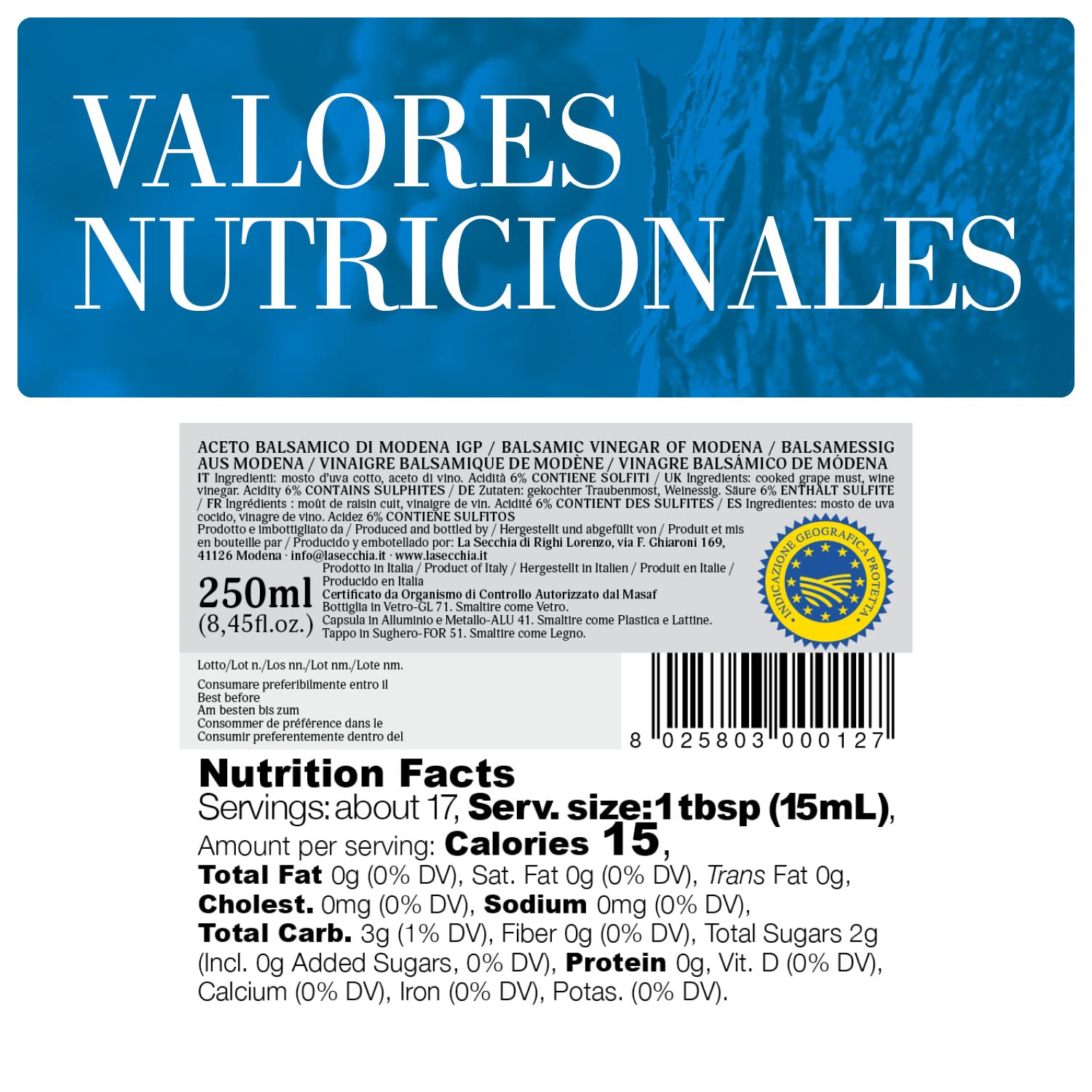 La Secchia - Aceto Balsámico de Módena IGP "Tres Estrellas", madurado en 12 barricas de Cerezo-Morera, densidad media, botella de 250 ml con tapón dosificador de corcho.