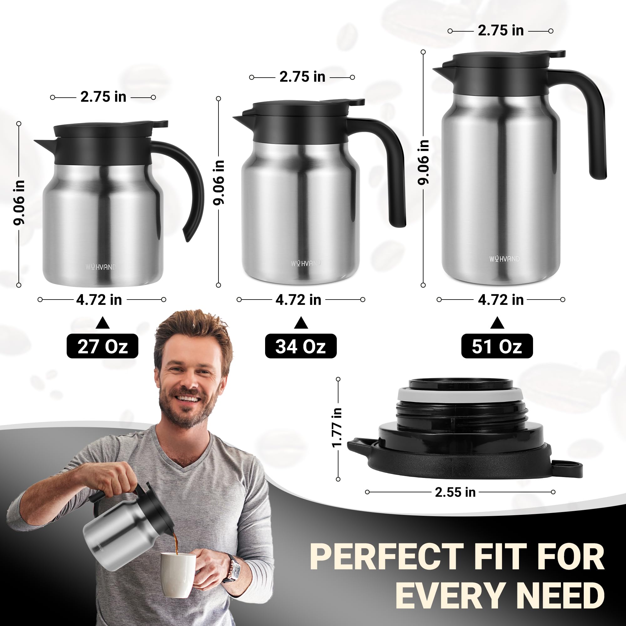 WYHVAND 1L Thermal Coffee Jug, Double Walled Stainless Steel Vacuum Insulated Coffee Carafe/Flask, Leakproof Lid - Image 3