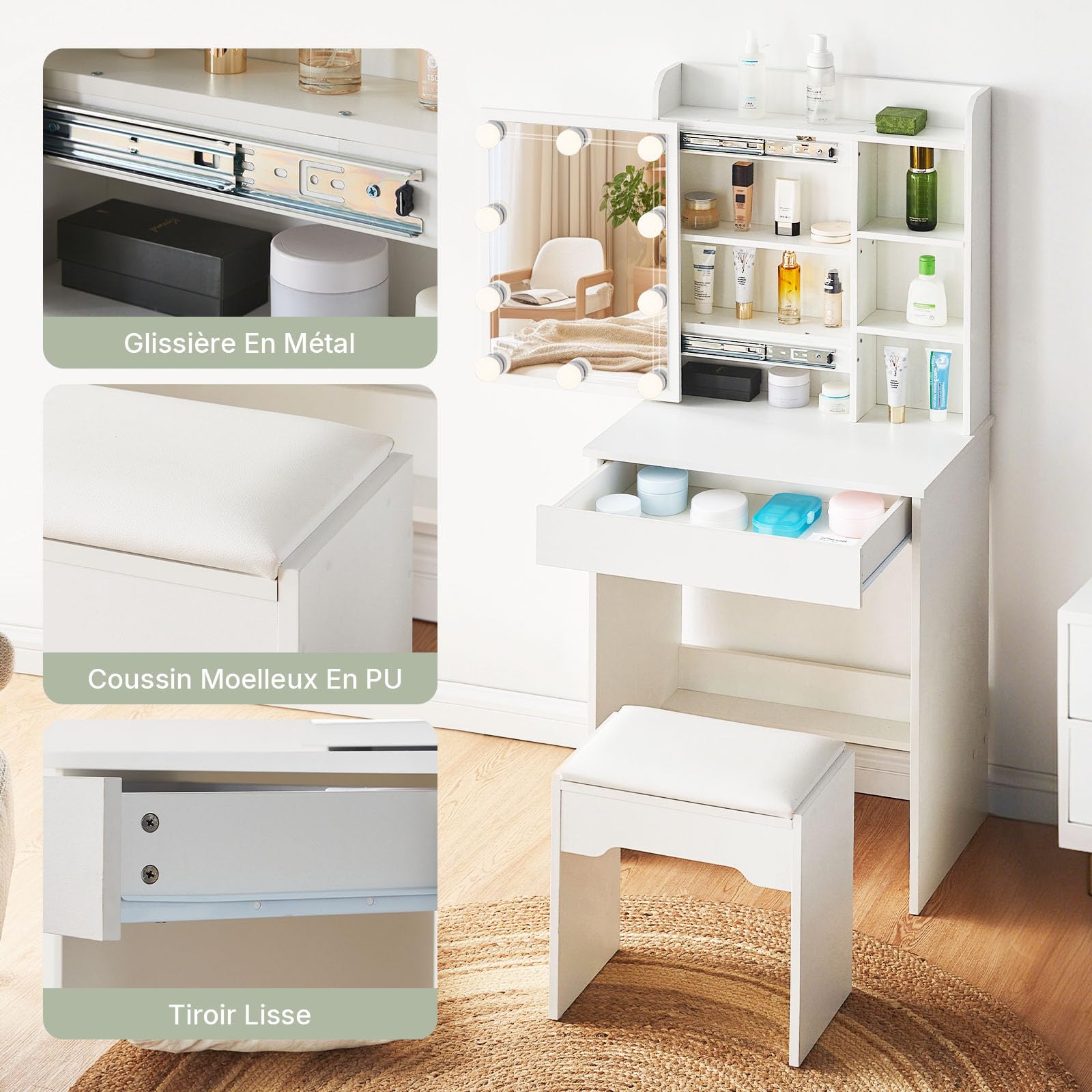 LEMROE Coiffeuse Hollywood LED avec Tabouret, Blanche | Table de maquillage avec 7 étagères et 1 grand tiroir. Rangement spacieux, idéale pour chambre à coucher. Femme Cadeau