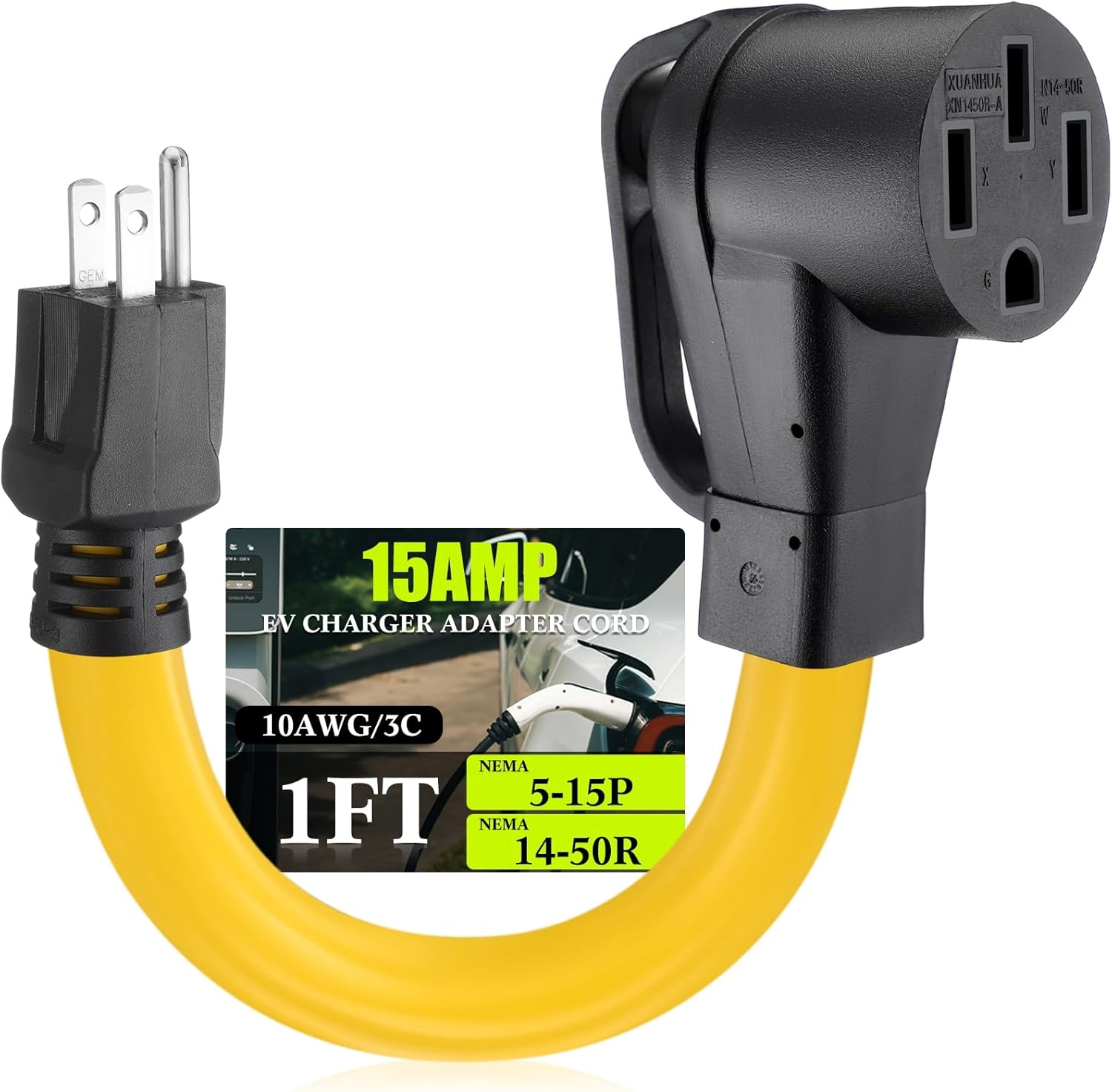 NEMA 5-15P to 14-50R EV Charger Adapter Cord 110V 15 Amp Household to 50 Amp EV for Level 1 Charging, 3 Prong Male to 4 Prong Female Power Cord with Handle, STW 10 AWG/3C, 1FT, ETL Listed