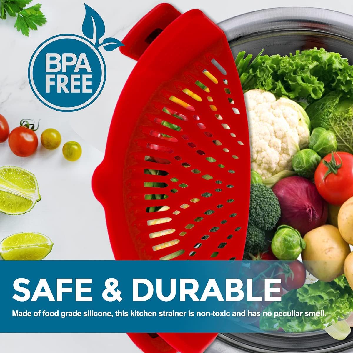 AAB 2 Pcs Clip on Strainer Snap Food Strainer for Pasta,Vegetables, Fruit Kitchen Universal Pot Strainer for Pans and Bowls