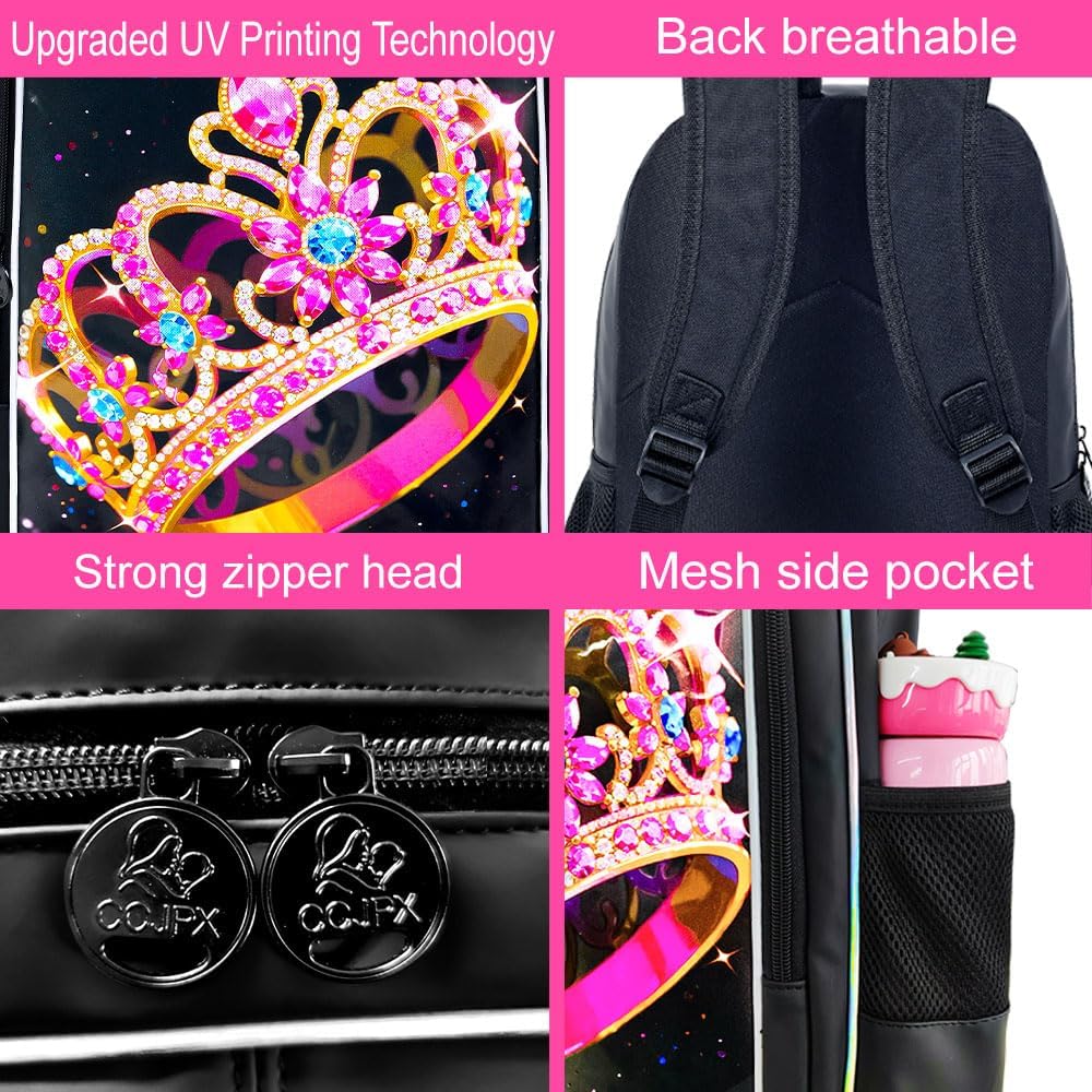 WZLVO 3PCS Crown Backpack for Girls, 16" Glittery UV Printing Kids Bookbag/School Bag with Lunch Box & Pencil Bag for Preschool to Elementary - Golden Crown