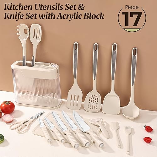 Miniatura 2 de Juego de utensilios de cocina de 17 piezas y juego de cuchillos con bloque acrílico, juego de utensilios de silicona para cocinar, juego de bloques