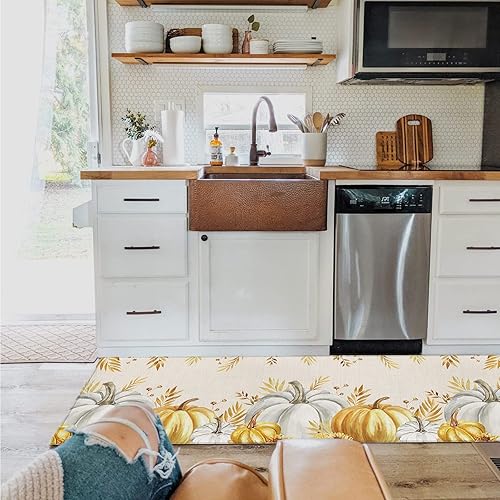 Miniatura 217 de Alfombras y tapetes de cocina Hello Fall, 2 unidades, color azul, naranja, calabaza, hoja de arce, pájaros, alfombras antideslizantes con pasillo