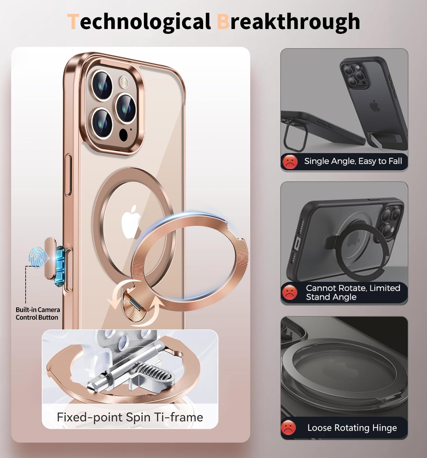 [CD Metal Ring & Invisible 360° Spin Stand] Magnetic Case for iPhone 16 Pro [Electroplated Shockproof Bumper ] [Compatible with Mag Safe] Cover with Stand for Women Men Slim Clear - Desert Titanium - Image 2