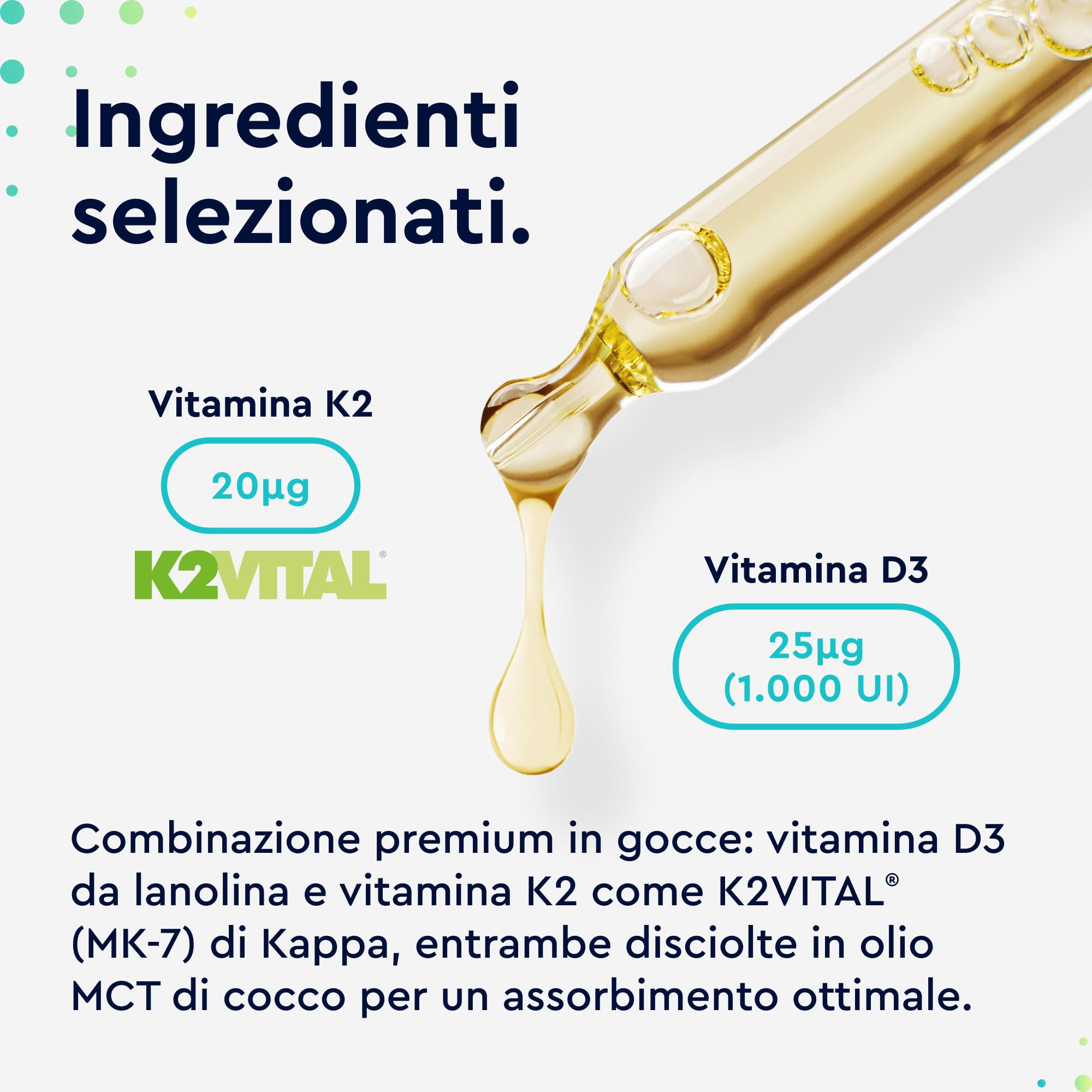Vitamina D3 K2 50ml in Gocce, Eletto PRODOTTO DELL'ANNO 2025, Colecalciferolo 1000 UI per Goccia, Menachinone Premium 99,7+% All Trans MK7 (K2VITAL® di Kappa), Naturale con Pipetta Dosagocce