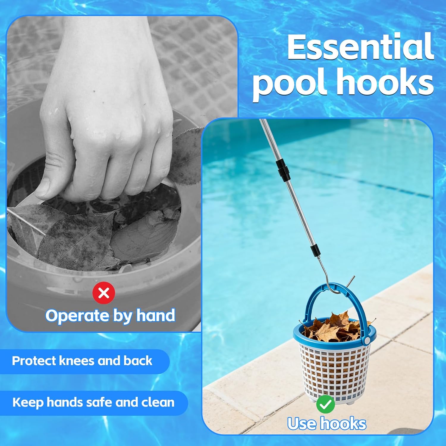 2 Pack Pool Skimmer Hook Skimmer Basket Pole Collapsible Hook with Handle 36.4 Inch Pool Lid Basket Lift Tool Cleaning Tool Suitable for Baskets with Handle