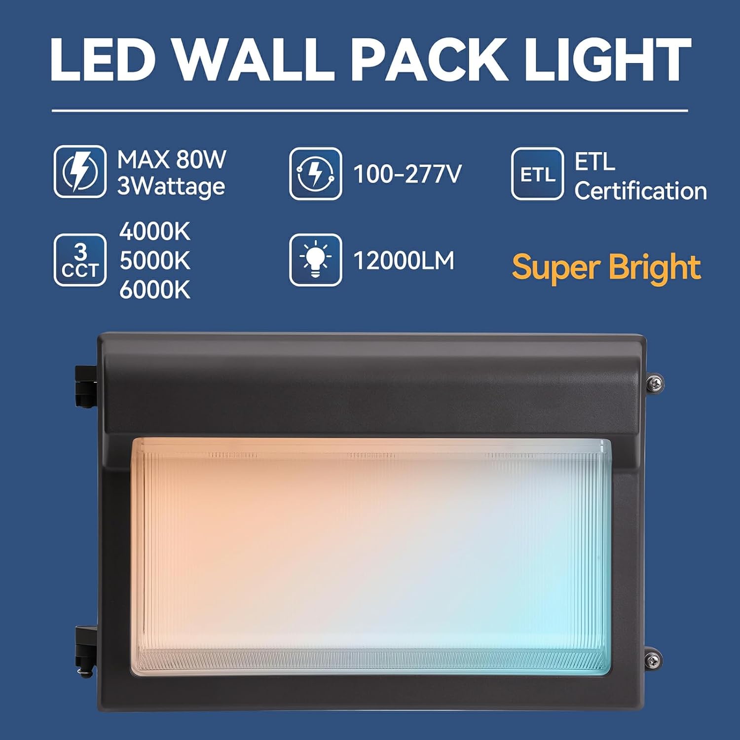 80W LED Wall Pack Light: Dusk to Dawn Photocell, 4000/5000/6500K 3CCT, 40/60/80W Selectable, LED Wall Lights Outdoor Security Lighting for Building Parking Lot House Barn, 100-277V, ETL Listed