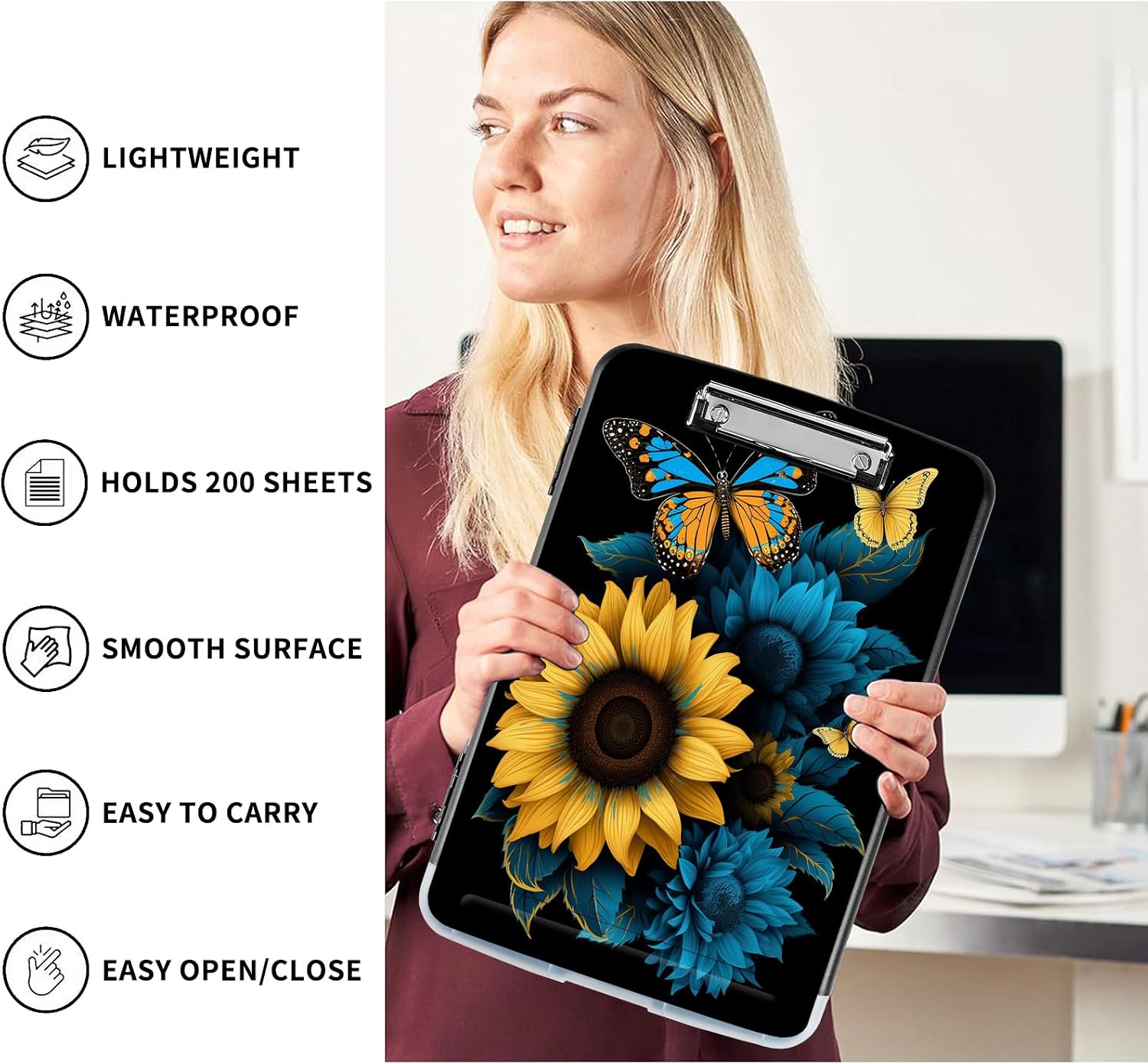 Clipboard with Storage,Pen Holder,Heavy Duty Clipboard Storage Box with Clips for Coaches Folder Case,School Office Supplies-Sunflower Butterfly