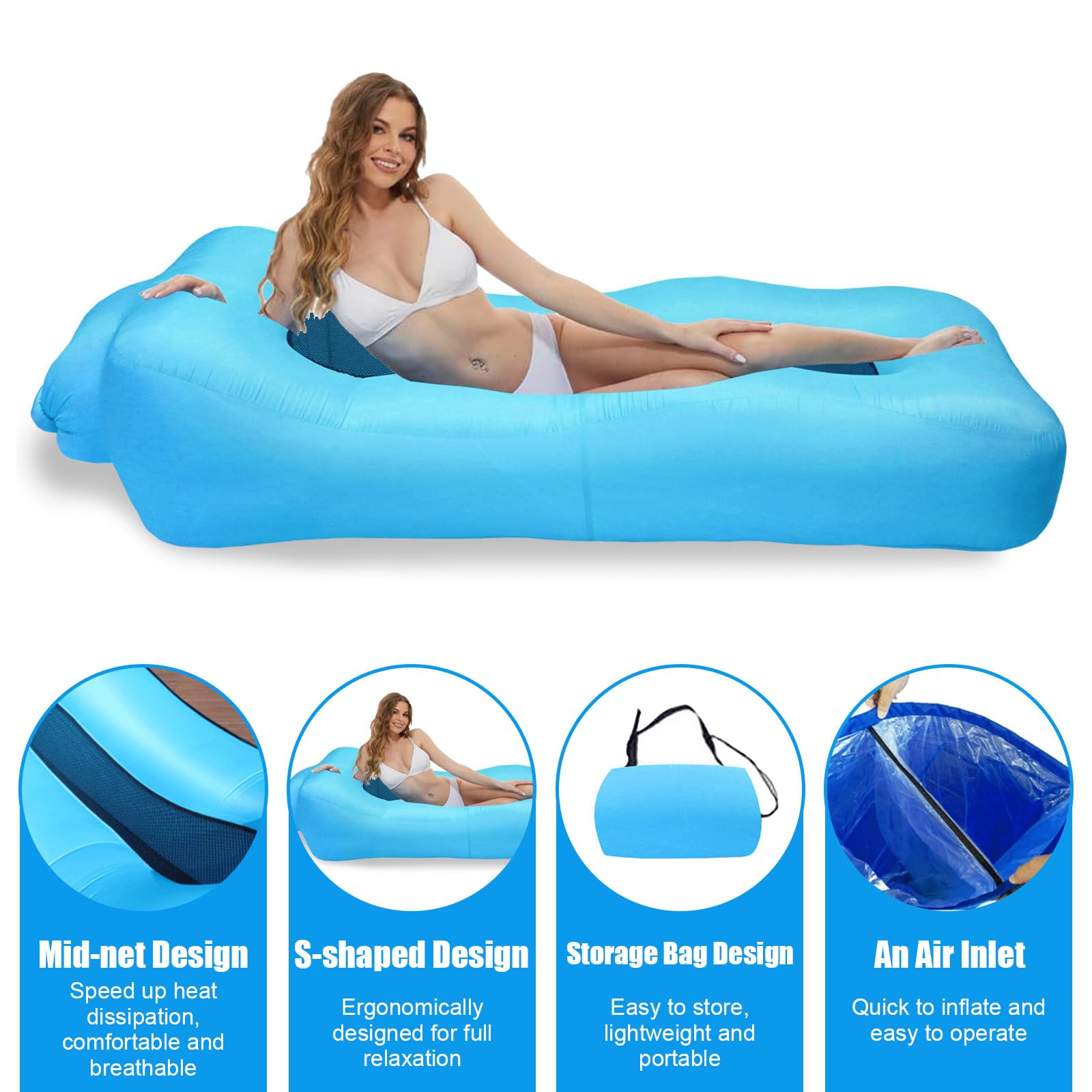 Nadmuchiwana sofa, 210T, wodoszczelna sofa powietrzna z torbą do noszenia, nadmuchiwana leżanka, sofa powietrzna na kemping, do parku, na plażę, na basen i imprezy na plaży