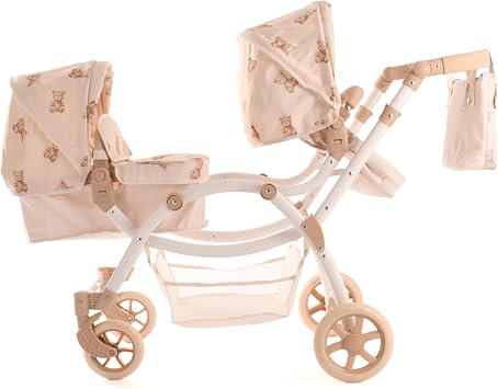 Roma Twin Dolls Pram - Realistic Double Dolls Pushchair for Ages 3-16, Adjustable Handle, 16 Combinations, Ideal Toy Pram for Reborn Dolls, Includes Bag & Basket (Teddy)